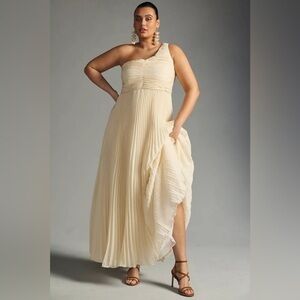 Anthropologie Forever That Girl Ivory One Shoulder Pleated Maxi Dress Gown